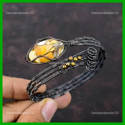 Oval Brecciated Mookaite Stone Engagement Unique Wire Wrapped Wife Bangle Copper - Image 1 of 4