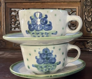 Set of 2 Vintage M.A Hadley Pottery Cup /saucer Blueberry Bouquet. EXC cond! - Picture 1 of 5