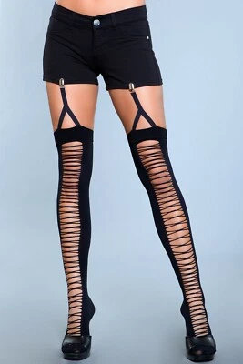 sexy BE WICKED lace UP criss CROSS opaque GARTER straps THIGH highs STOCKINGS - Image 1 of 3