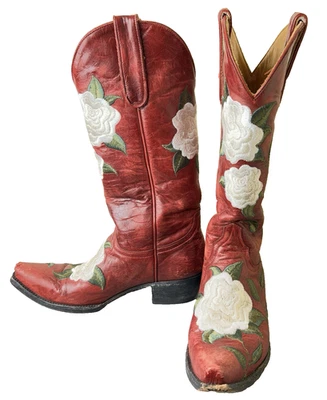 Botas Gringo Antigas Patsy Razz Vermelho Floral Rosas Bordadas Femininas Tamanho 6.5 Muito Bom Estado - Imagem 1 de 4