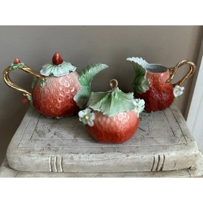 Vintage Royal Bayreuth Miniature Strawberry Teapot Sugar and Creamer Set  - Image 1 of 4