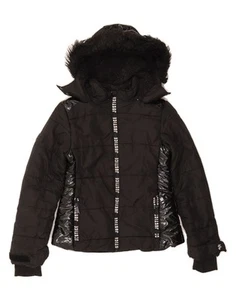 JUSTICE Girls Graphic Hooded Padded Jacket 7-8 Years Small Black Polyester CQ01 - Picture 1 of 3