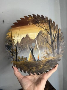Vintage Native American Painting Teepee Original Oil Saw Blade Landscape Signed - Picture 1 of 4