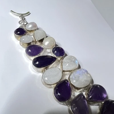 "Brazalete de plata esterlina 925 con piedras preciosas de luna y amatista hecho a mano joyería-7"""  Foto 1 de 4