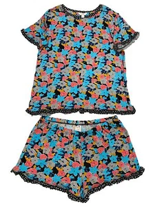 Womens Lightweight Blue & Red Floral Pajamas Shorts & Tee Shirt Sleep Set - Picture 1 of 1