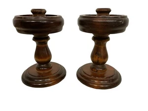 Vintage Primitive Wooden Pair of Turned Cornwall Candlesticks Boho Retro Chic  - Picture 1 of 10