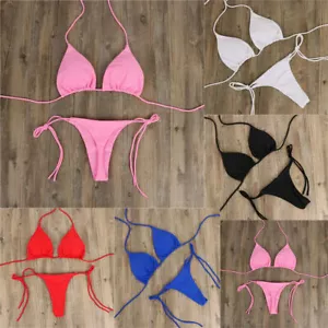Women Sexy Thong Bikini Set Side Tie Halter Neck Swimsuit Bandage Swimwear S~XL - Picture 1 of 12