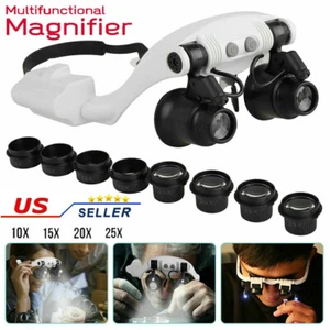 Headband Headset Jeweler Magnifier Magnifying Glass Loupe Glasses With LED Light - Picture 1 of 11