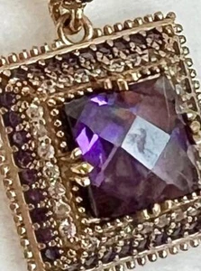 Genuine Amethyst Diamond Necklace 14K Yellow Gold on SOLID 925 Princess cut - Picture 1 of 15