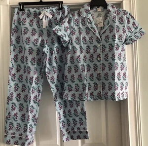 New J Crew Factory Blue Breeze Cotton Cropped Pants Pajama Set NWT Sz L - Picture 1 of 9