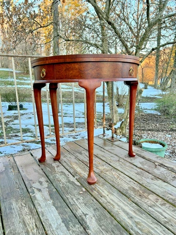 Baker Furniture Milling Road Walnut Demilune Flip Top Table w/ Burl Wood Accents Cover