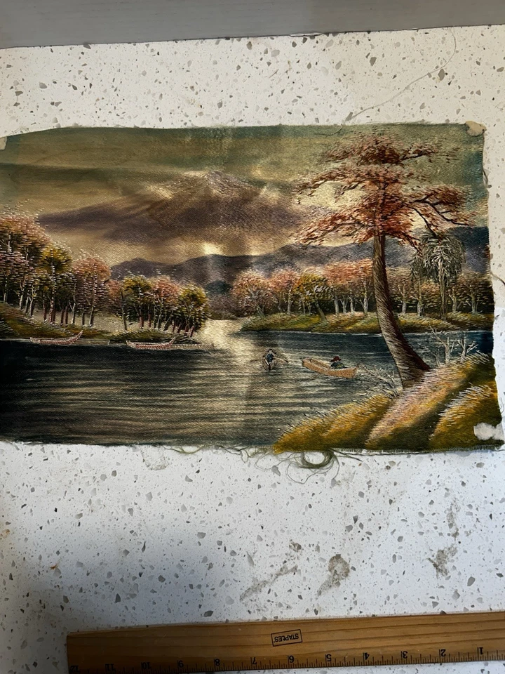 Embroidered Silk Framed Wall Art Japanese Boats Mount Fuji 12x19" Vintage Decor - Image 1 of 4