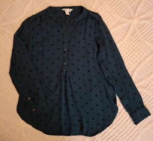 Old Navy Shirt Women's Medium Teal Blue & Black Polka Dot Split Neck Tunic - Picture 1 of 7