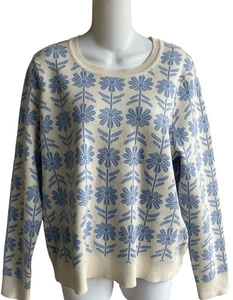 Adrianna Papell Cream Floral Blue Sweater Crew Neck Boxy Ladies Size L NWT - Picture 1 of 4