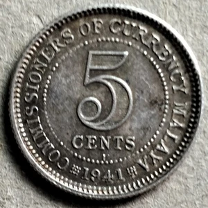 Commissioners of Currency Malaya, King George VI 1941 i 5 cents Silver coin - Picture 1 of 2
