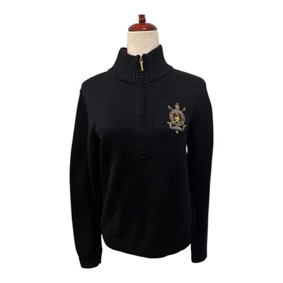 Nuevo con etiquetas Suéter Lauren Ralph Lauren Cresta Dorada Logo a Cuadros Media Cremallera Algodón Negro Talla L Foto 1 de 4