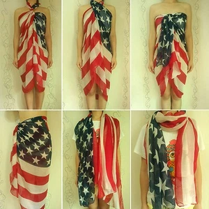 Women Pareo Dress Sarong Beach Bikini Swimwear Cover Up Scarf Wrap American Flag - Picture 1 of 7