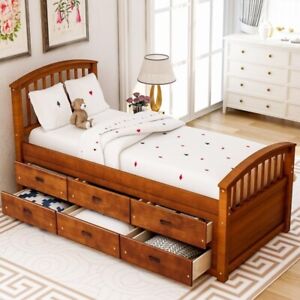 Twin Platform Storage Bed with 6 Side Storage Drawers Solid Wood Twin Size Bed