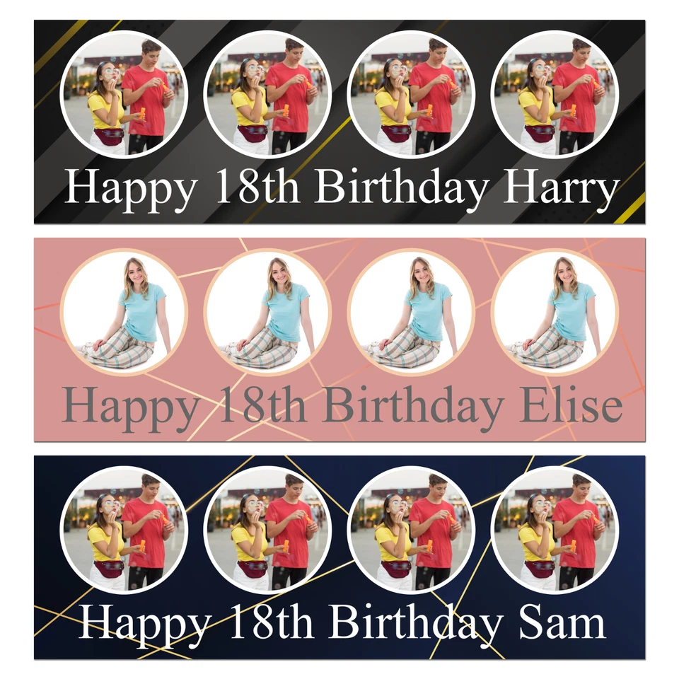 Personalised 18th Birthday Banner | 4 Photos | Navy/Gold, Rose Gold, Black/Gold - Image 1 of 1