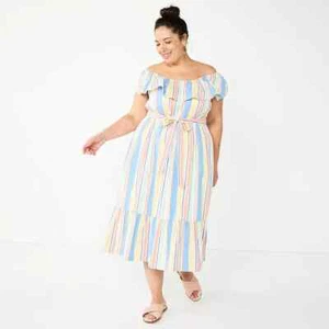 Boho 3X Multi Stripe Off Shoulder Ruffle Sleeve Midi Dress Gift Draper James New - Picture 1 of 2