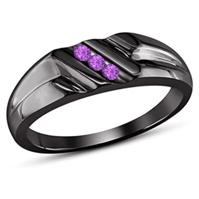 Anillo de boda de 3 piedras de oro negro de 14 quilates de amatista creada en laboratorio de 0,30 quilates para hombre Foto 1 de 4