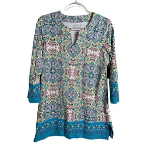 Top túnica Coolibar Santa Lucía UPF 50+ mangas 3/4 XS turquesa blanco melocotón - Imagen 1 de 7