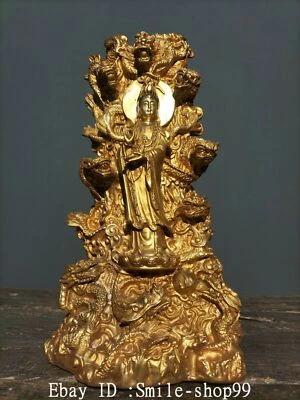 14.5" Antigua China Cobre Dorado Nueve Dragones Kwan-yin Guan Yin Diosa Buda Estatua Foto 1 de 4