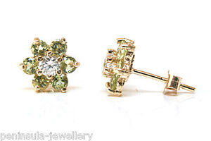 9ct Gold Peridot and CZ studs Cluster earrings Made in UK Gift Boxed