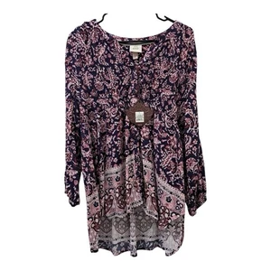 Knox Rose Blue Abyss Floral Smocked Button Up Boho Shirt Top Womens Large NEW - Picture 1 of 4