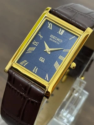 Винтажные тонкие кварцевые мужские наручные часы Seiko позолоченный чехол/кожаный ремешок - Изображение 1 из 4
