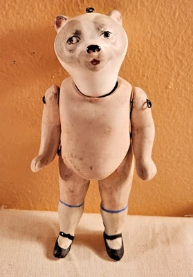 ANTIQUE GERMAN HERTWIG ALL BISQUE DOLL BODY, CAT HEAD, P15 - Image 1 of 4