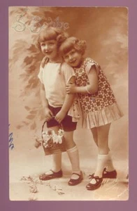 RPPC SEPIA Rubio Hermano y Hermana STE BARBE Charol Zapatos Postal Francesa - Imagen 1 de 1