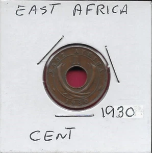 EAST AFRICA BRITISH 1 CENT 1930 GEORGE V,CENTRAL HOLE DIVIDES CROWN AND DENOMINA - Picture 1 of 2
