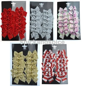 12x Shiny Red Gold Silver Tartan Mini BOWS Christmas Tree Decoration Bow Bauble - Picture 1 of 5