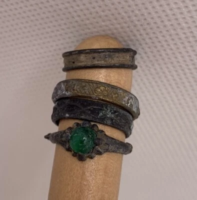 Antique Vintage Cracker Jack Ring Lot Pot Metal Bands Green Glass Clover Prize - Image 1 of 4