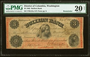 1862 - Washington, D.C. - Bullion Bank $3 - PMG 20 Net - RARE & DESIRABLE - Picture 1 of 2