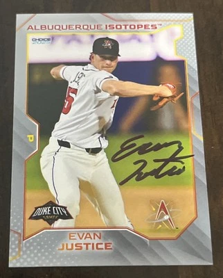 EVAN JUSTICE Signed 2025 Choice Albuquerque Isotopes Baseball Card ROCKIES AUTO - Image 1 of 2