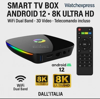 Android Smart TV Box Q Plus 12.0 WiFi 5G 8K QuadCore 8GB + 64GB Rom Full HD Ram - Immagine 1 di 4