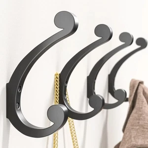 4 Pack Coat Hooks Wall Mount For Hanging - Black Large Retro Double With Screws - Picture 1 of 7