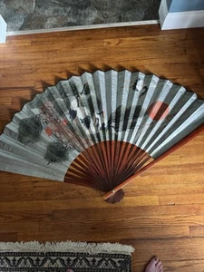 Oriental Silver Peacock Folding Wall Fan Decor LARGE 35”x64” - Picture 1 of 13