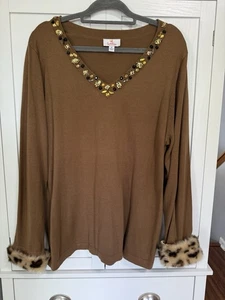 Vintage Quacker Factory Womens 1X Brown Embellished Sweater Leopard Fur Cuffs - Picture 1 of 7