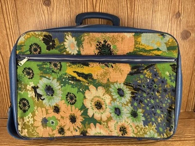 复古 60 年代/70 年代复古行李箱织物拉链行李箱花朵蓝色 — 第 1/4 张图片