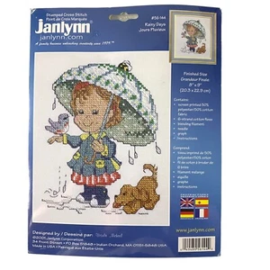 Kit de punto de cruz estampado Janlynn Rainy Days 8"" x 9"" paraguas pájaro perro #56-144 - Imagen 1 de 5