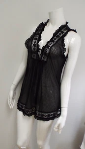 Vintage Gossard Artemis Sheer Black Lace Short Nylon Gown MEDIUM V-Neck Lingerie - Picture 1 of 17