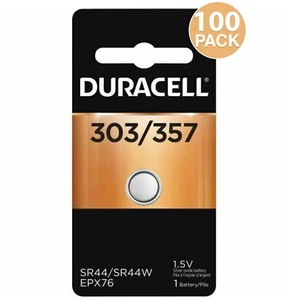 Duracell 303/357 SR44/W/SW 1.5V Silver Oxide Button Cell (100 Batteries) - Picture 1 of 3