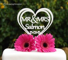 Personalised Mr & Mrs Heart Wedding Cake Topper Surname up to 9 Letters (white)