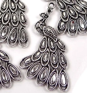 4 Antiqued Silver Pewter Peacock Pendant Charm 42x25mm - Picture 1 of 2