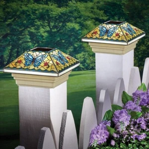 Solar Powered Stained Glass Look Blue Butterfly Fence Post Cap Lights - Picture 1 of 2