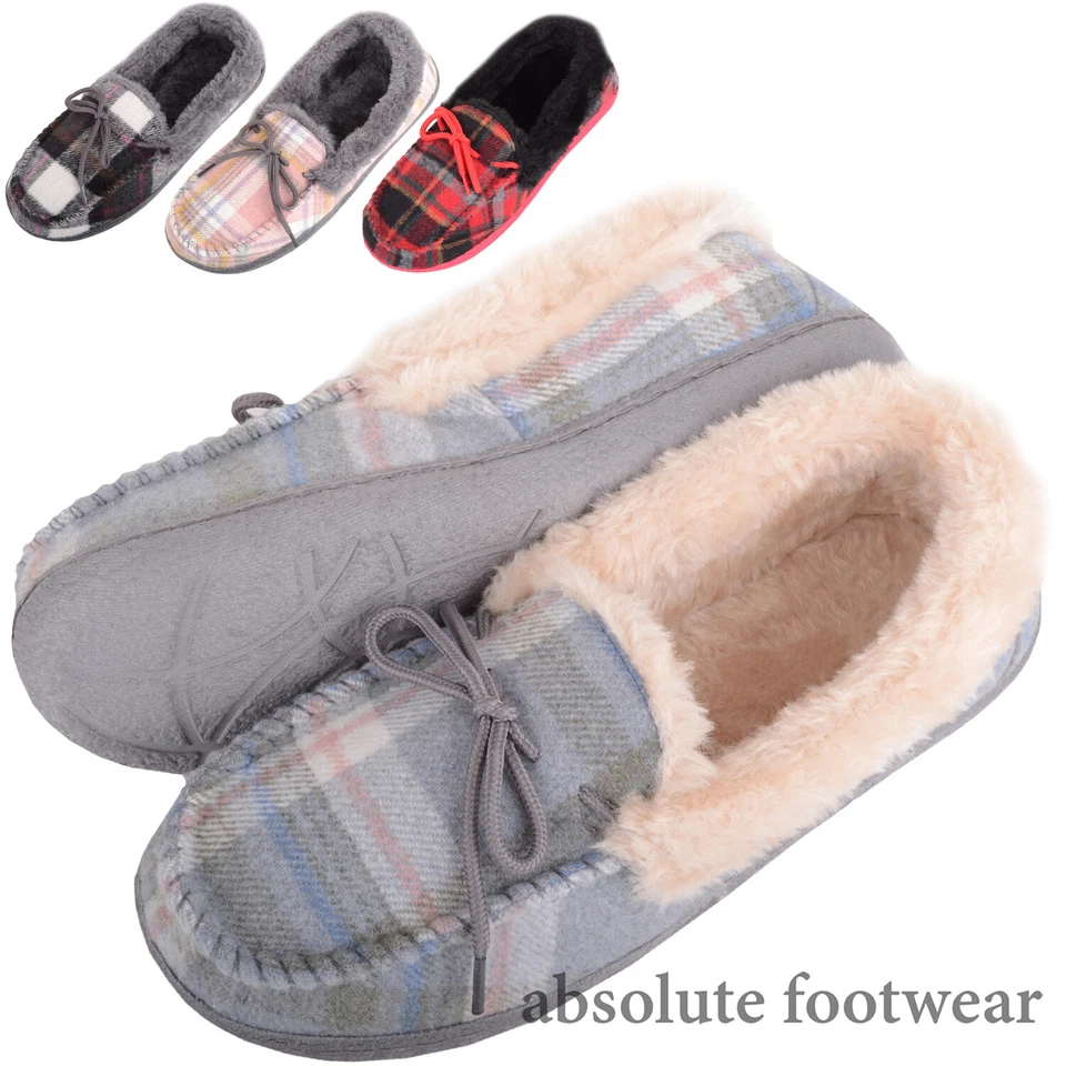 Ladies Women Slip On Traditional Tartan Checked Faux Fur Winter Moccasin Slipper - Image 1 of 1