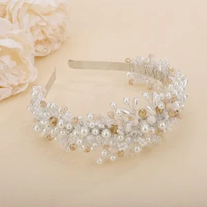 Wedding Pearl Crystal Beads Tiara Bridal Silver Rhinestone Hair Crown Headban... - Picture 1 of 5